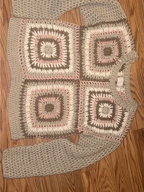 Crochet Square Patchwork Crewneck Sweater in Pink, Gray, Cream, and Brown